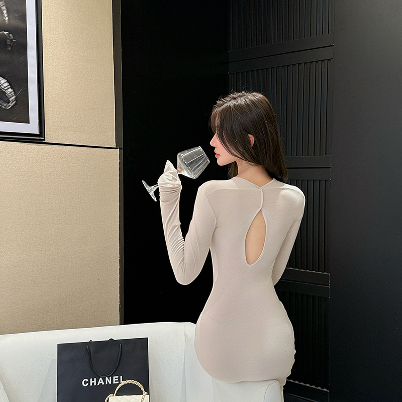Halter long sleeve knitted dress curve bottoming long dress
