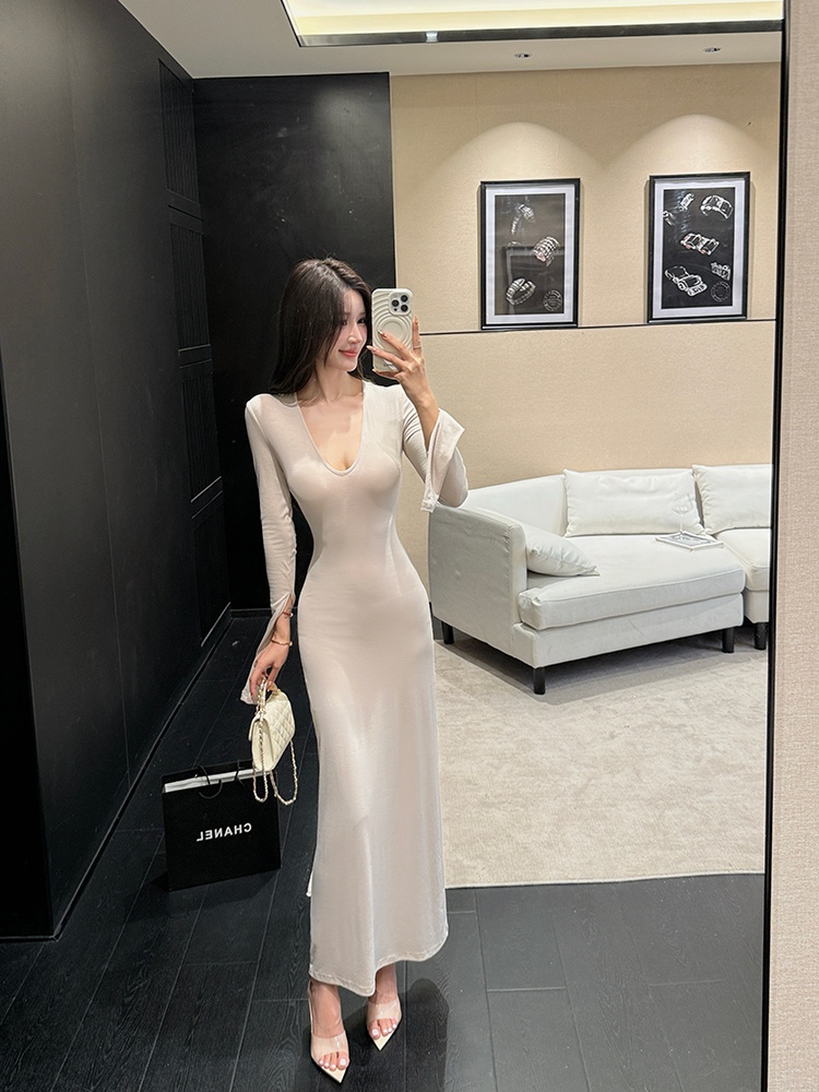 Halter long sleeve knitted dress curve bottoming long dress
