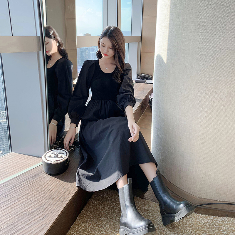 Black splice Pseudo-two bottoming knitted show young dress