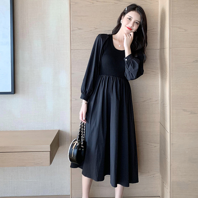 Black splice Pseudo-two bottoming knitted show young dress