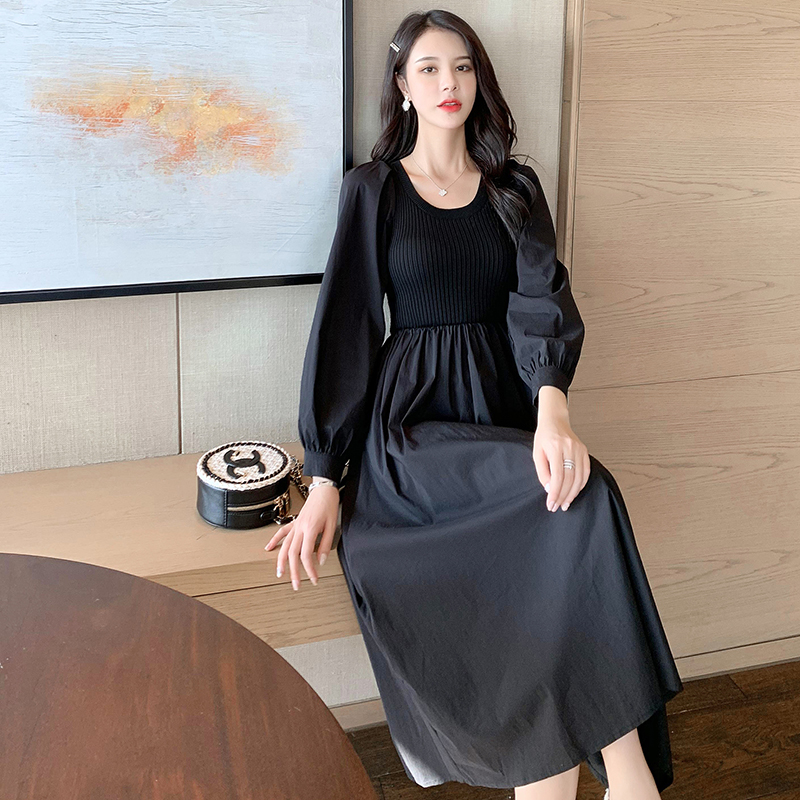 Black splice Pseudo-two bottoming knitted show young dress
