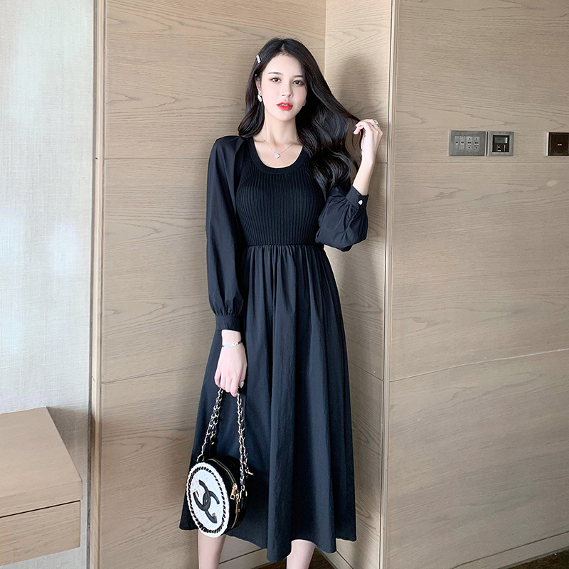 Black splice Pseudo-two bottoming knitted show young dress