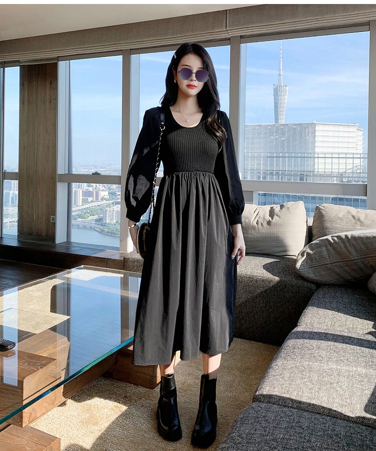 Black splice Pseudo-two bottoming knitted show young dress