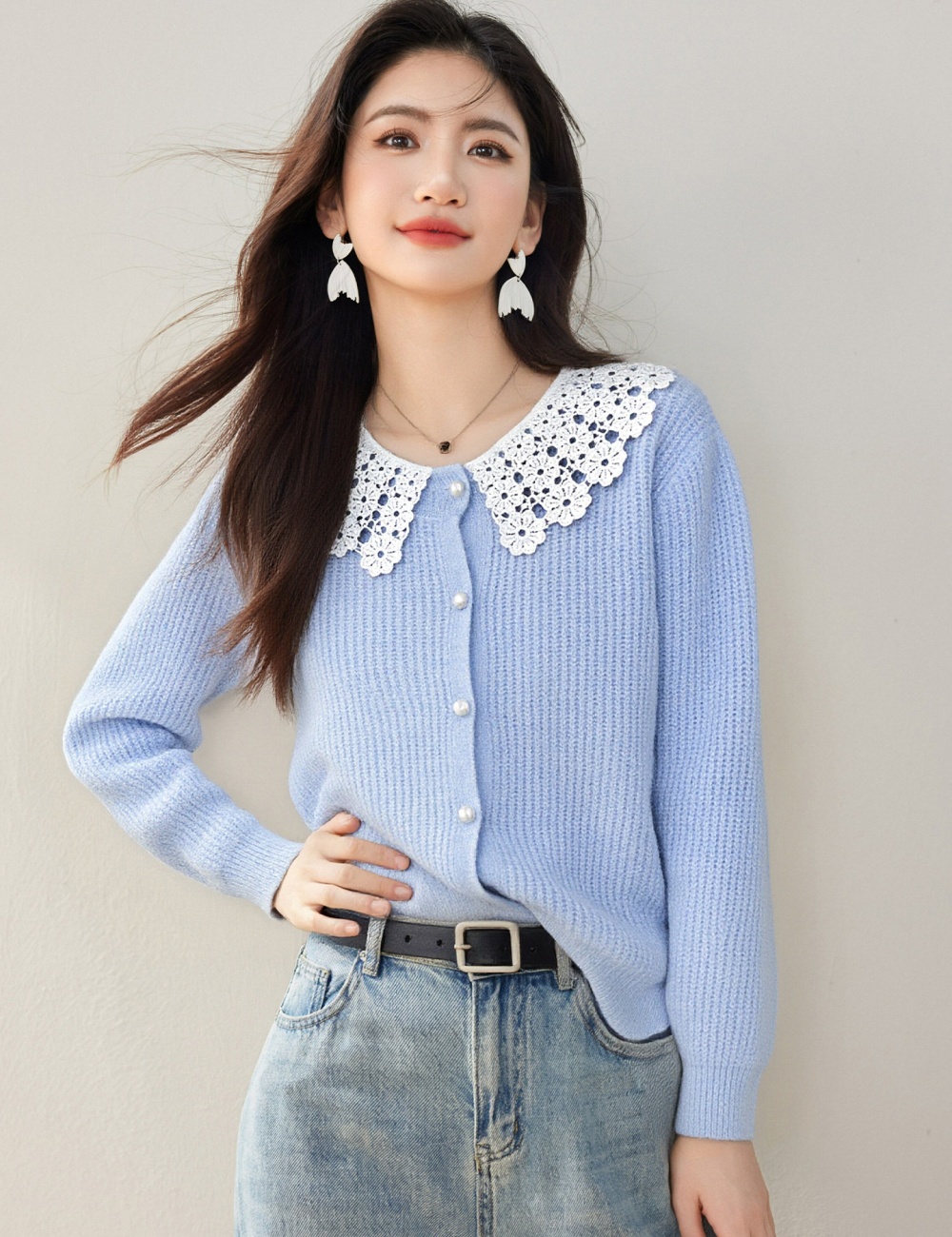 France style tender tops doll collar sweater