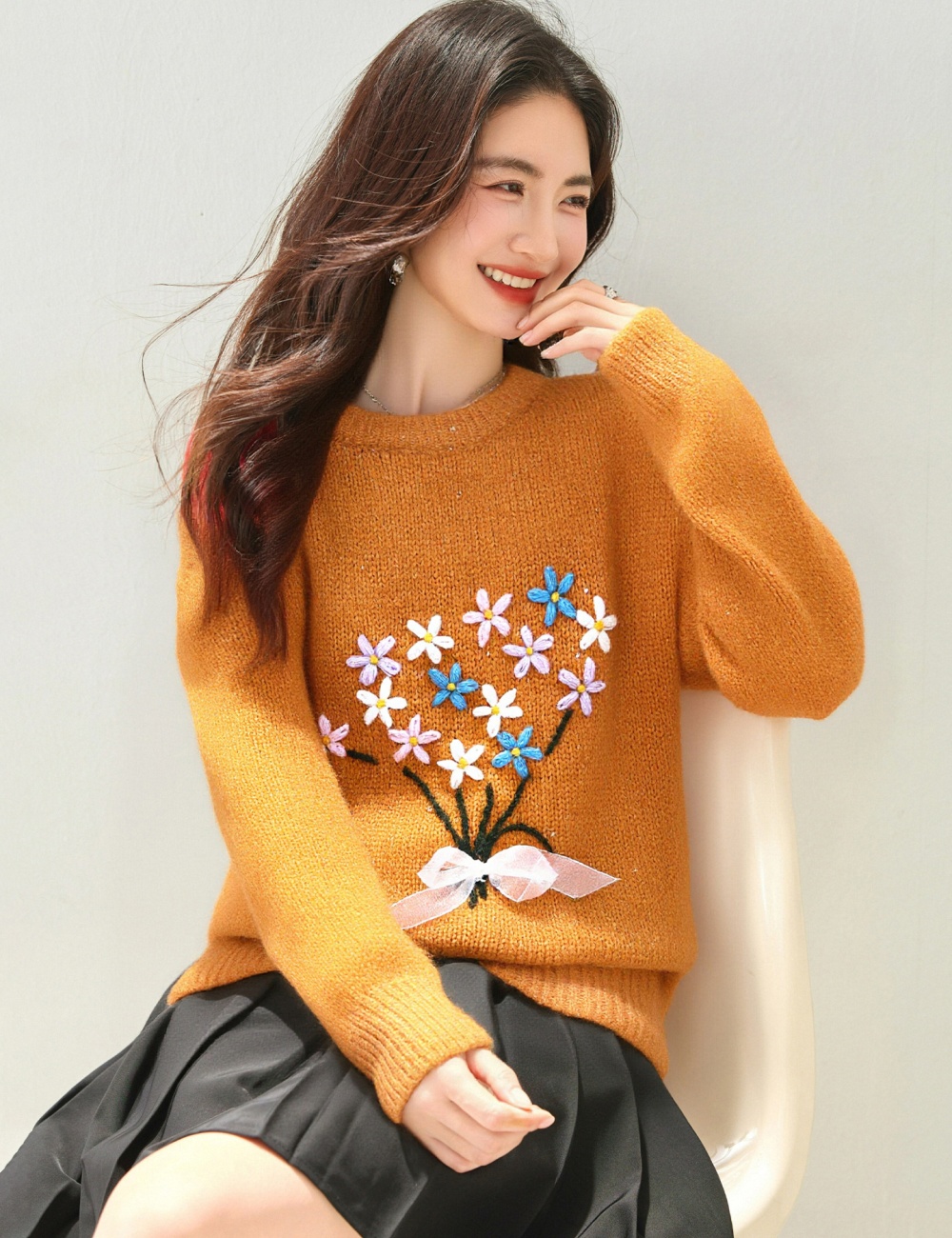 Jacquard thick sweater embroidery tops for women