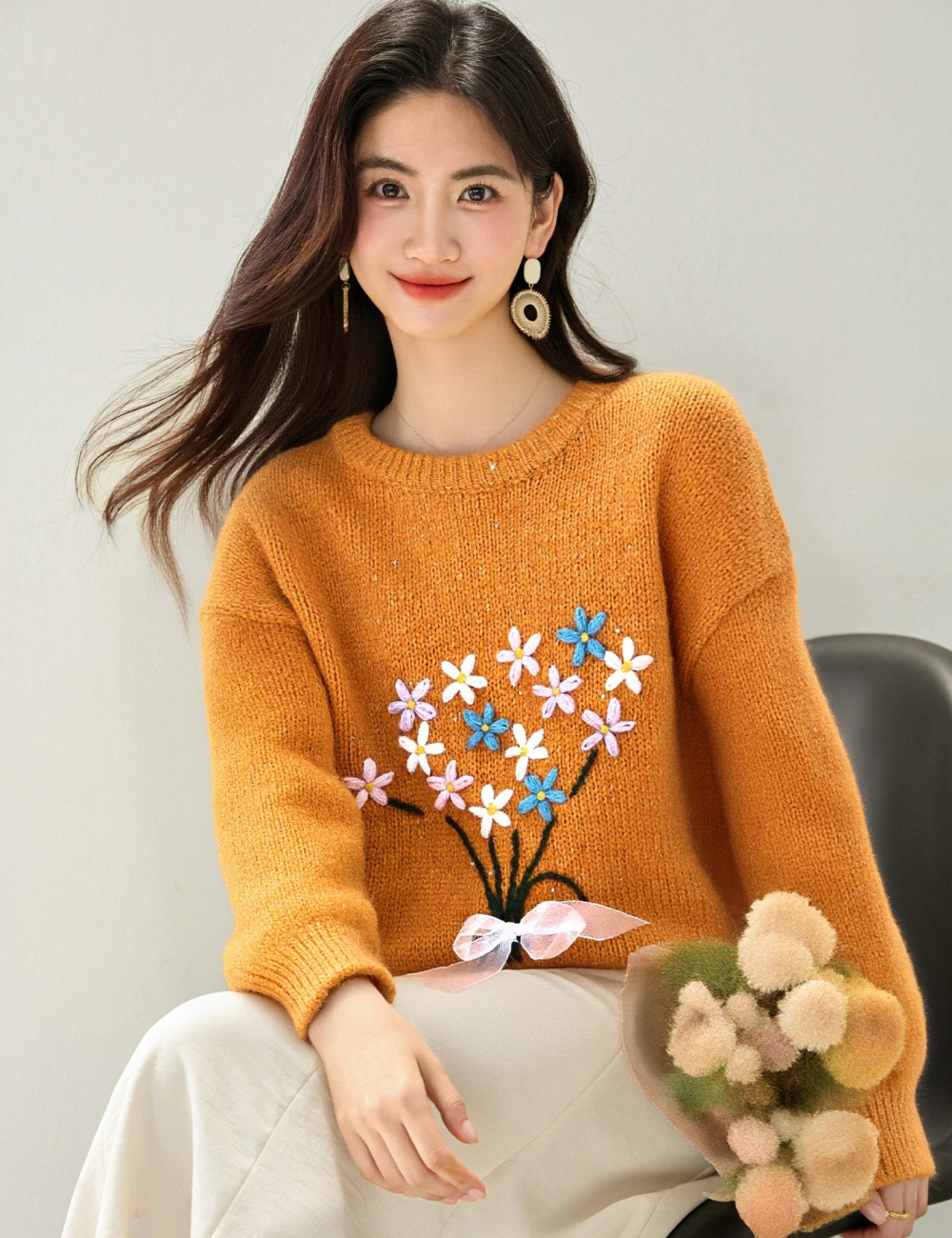 Jacquard thick sweater embroidery tops for women