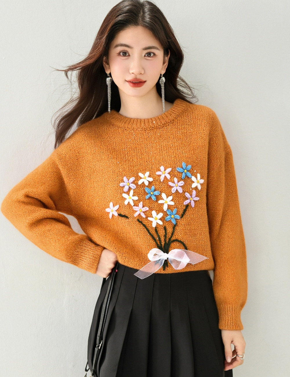 Jacquard thick sweater embroidery tops for women