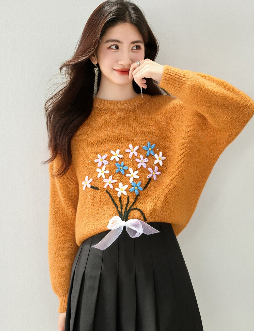 Jacquard thick sweater embroidery tops for women
