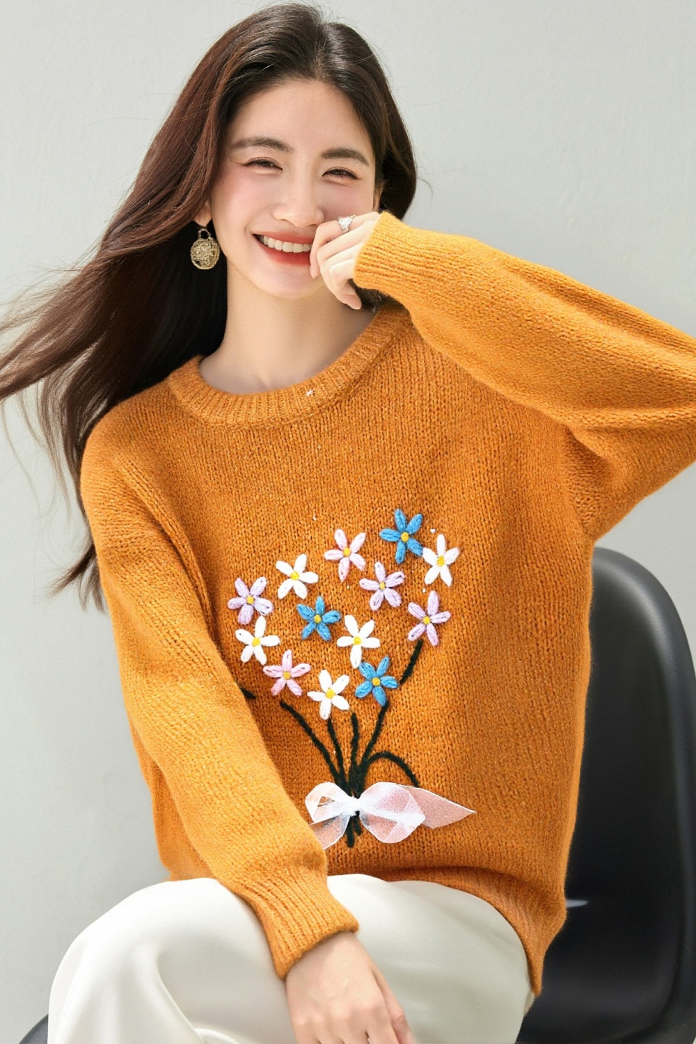 Jacquard thick sweater embroidery tops for women