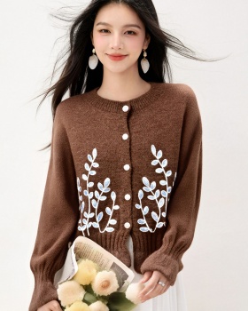 Embroidery slim floral cardigan autumn Korean style sweater