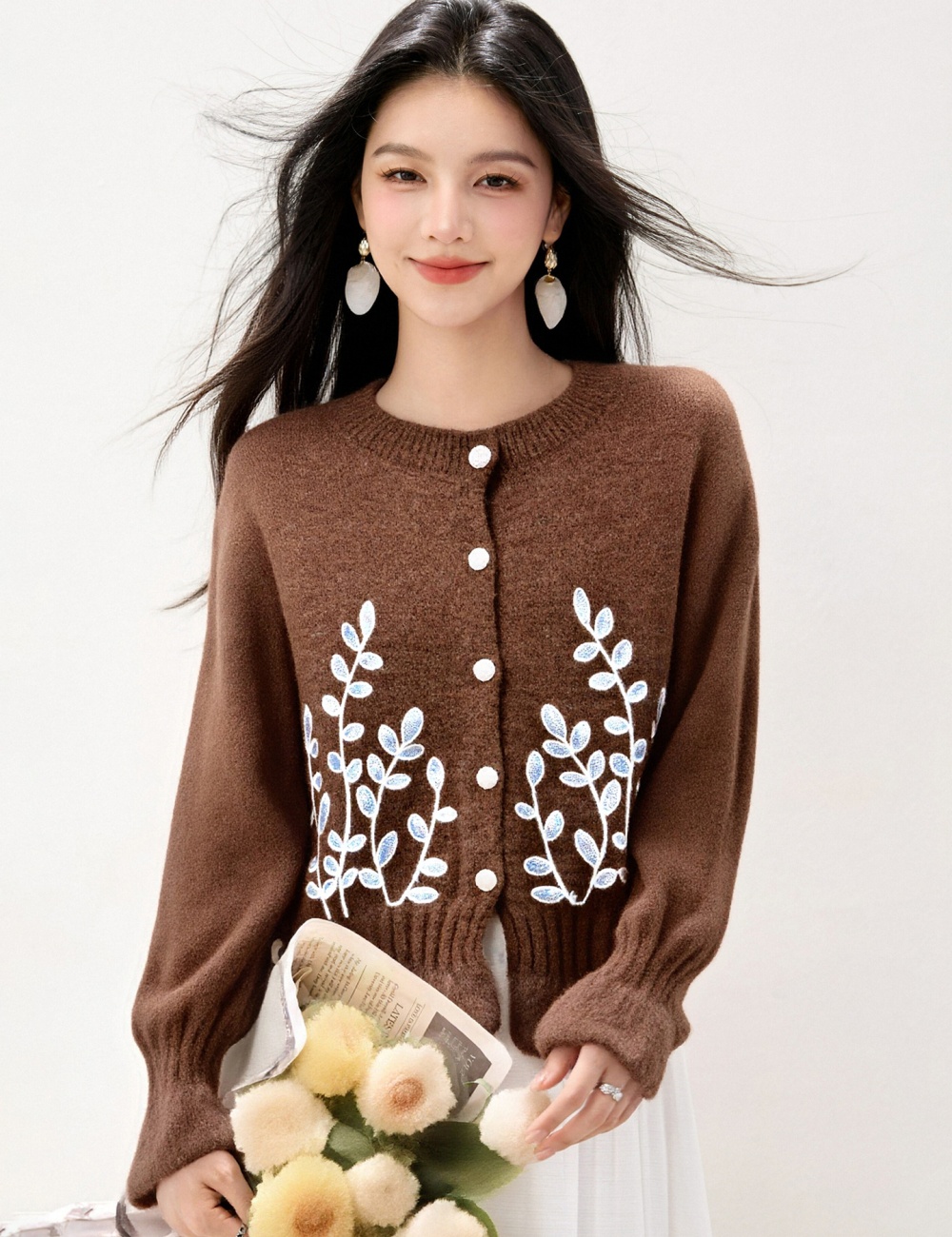 Embroidery slim floral cardigan autumn Korean style sweater