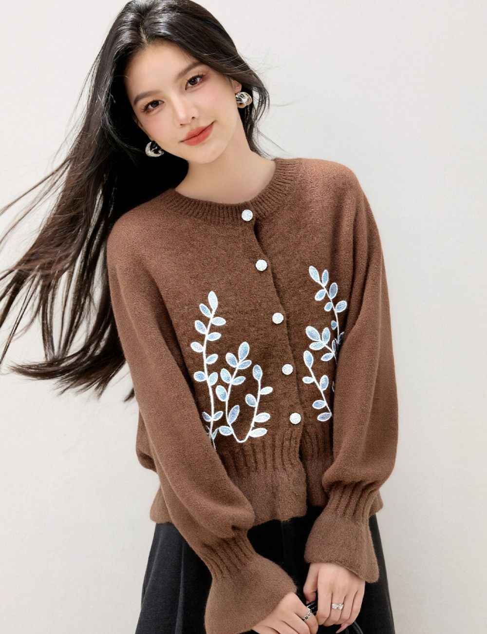 Embroidery slim floral cardigan autumn Korean style sweater