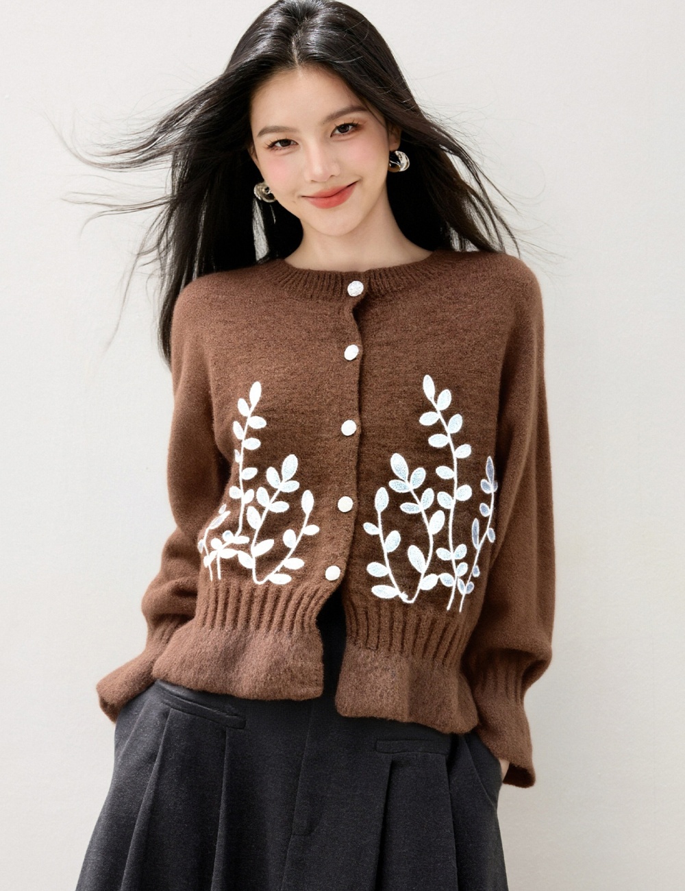 Embroidery slim floral cardigan autumn Korean style sweater