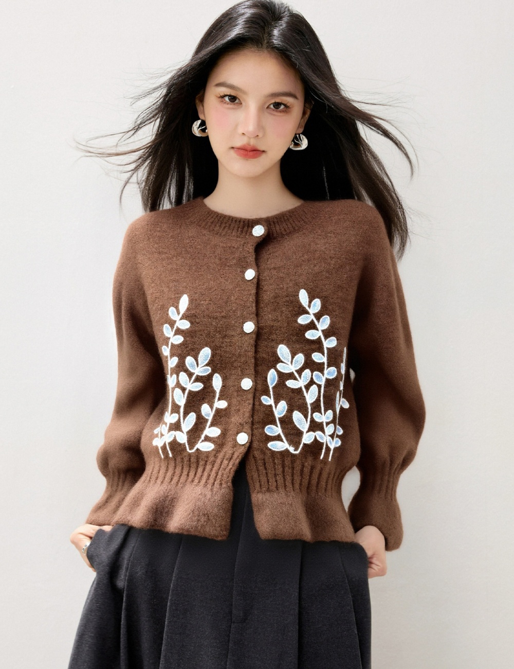Embroidery slim floral cardigan autumn Korean style sweater