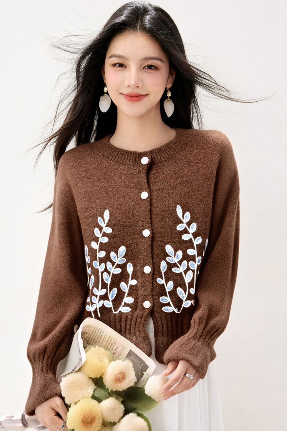 Embroidery slim floral cardigan autumn Korean style sweater