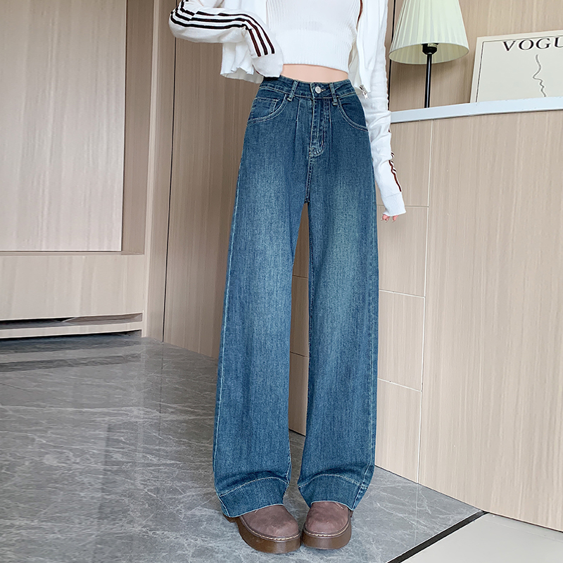 Elasticity straight pants loose retro jeans for women