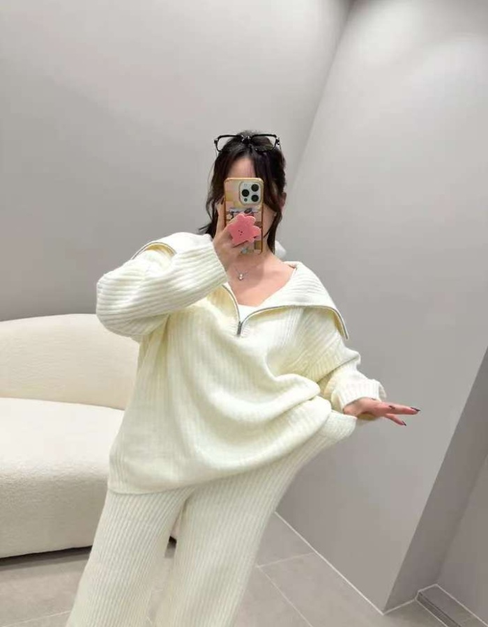 Knitted sweater wide leg pants 2pcs set