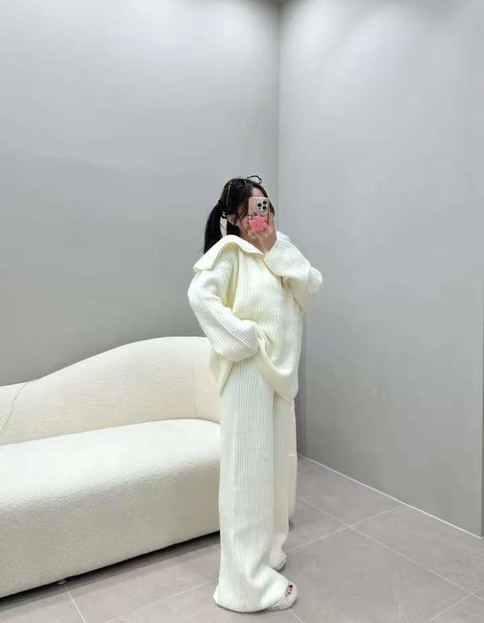 Knitted sweater wide leg pants 2pcs set
