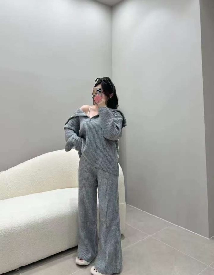 Knitted sweater wide leg pants 2pcs set