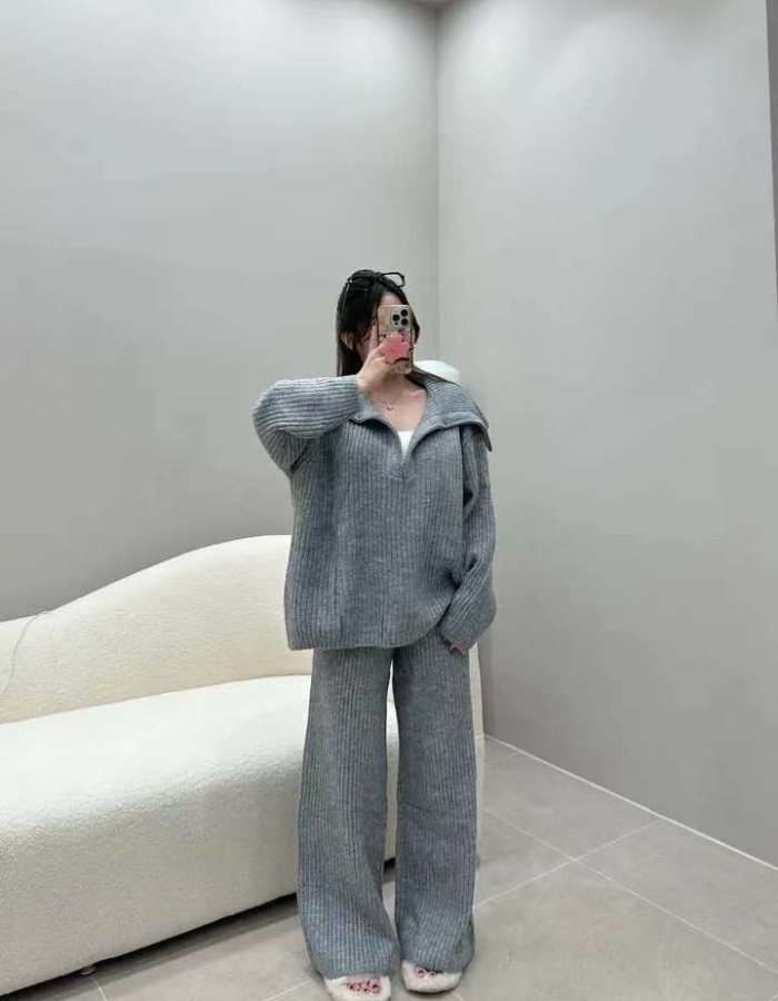 Knitted sweater wide leg pants 2pcs set