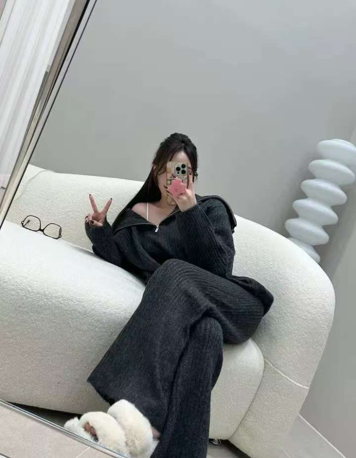 Knitted sweater wide leg pants 2pcs set
