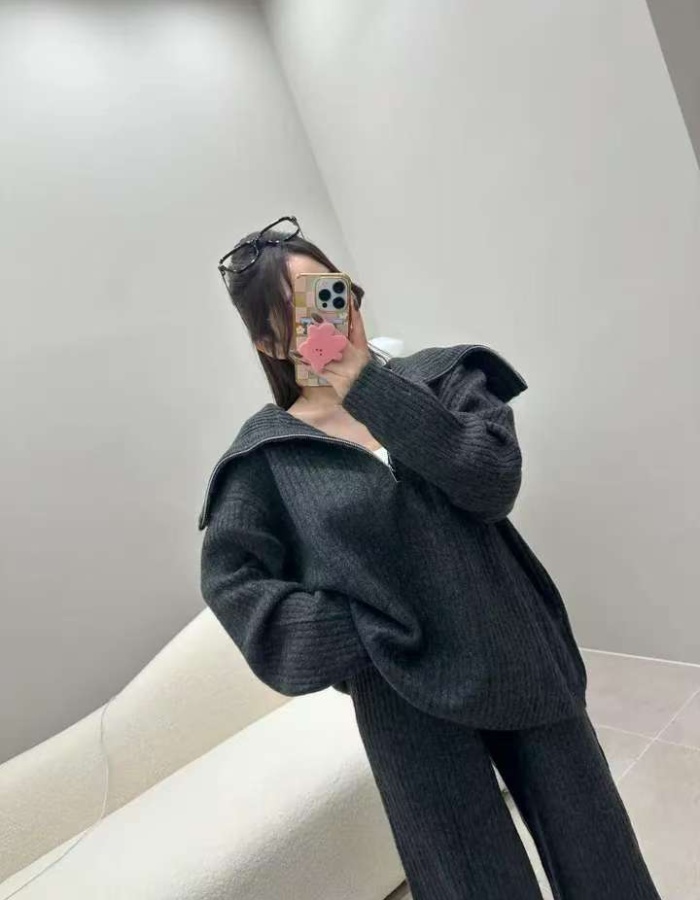 Knitted sweater wide leg pants 2pcs set