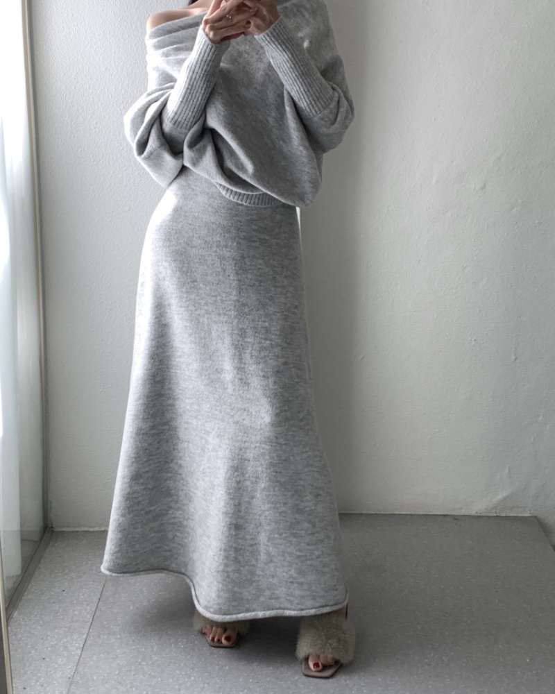 Knitted Casual tops flat shoulder loose skirt 2pcs set