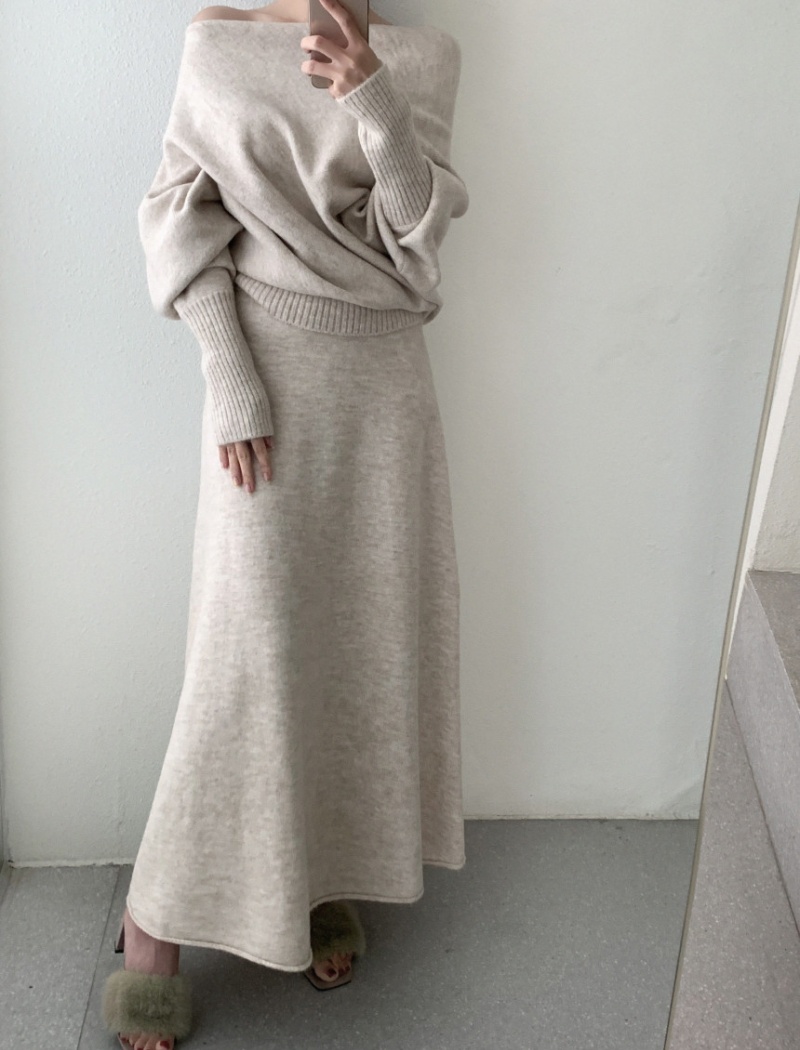 Knitted Casual tops flat shoulder loose skirt 2pcs set