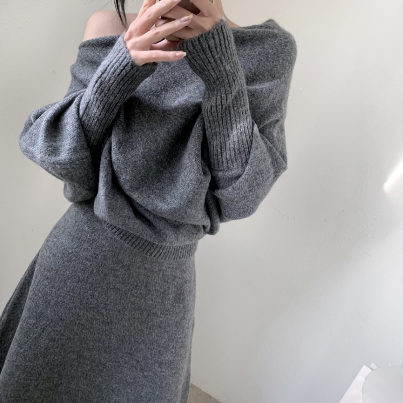 Knitted Casual tops flat shoulder loose skirt 2pcs set