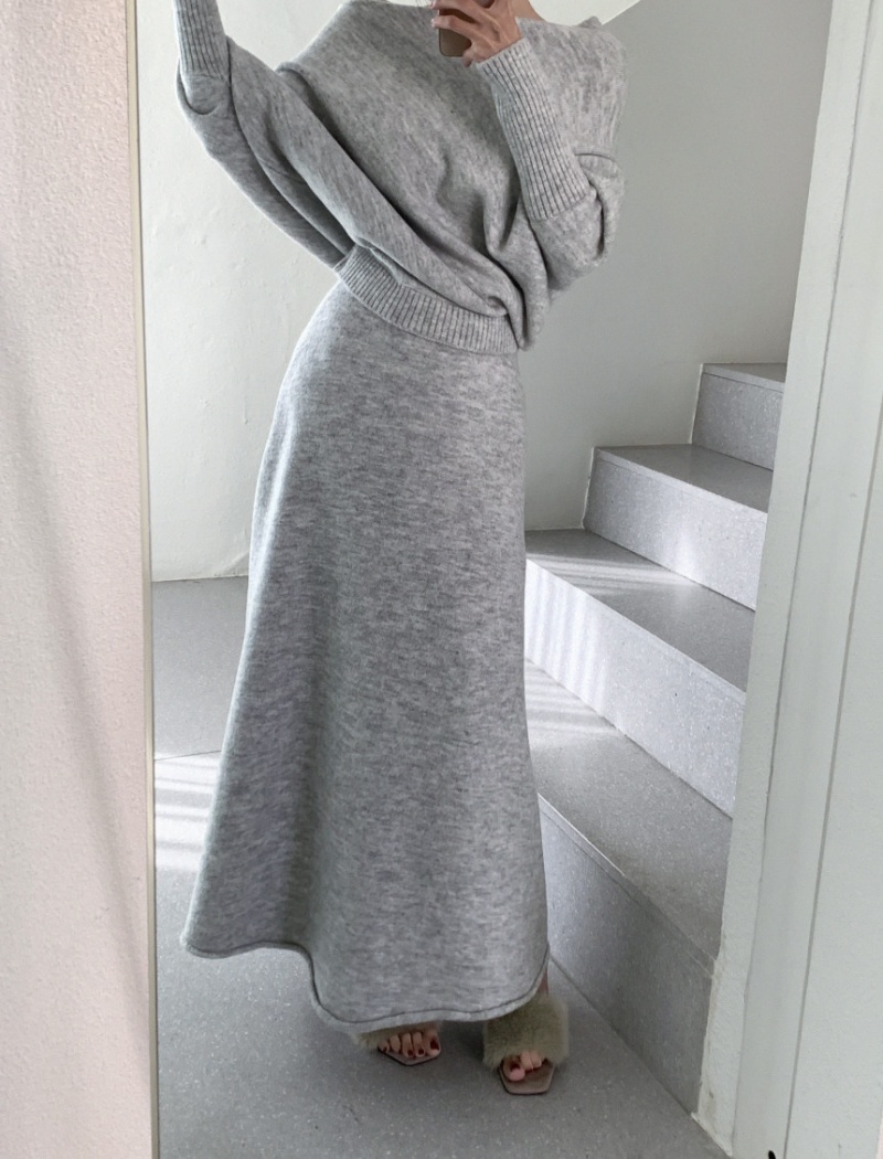 Knitted Casual tops flat shoulder loose skirt 2pcs set
