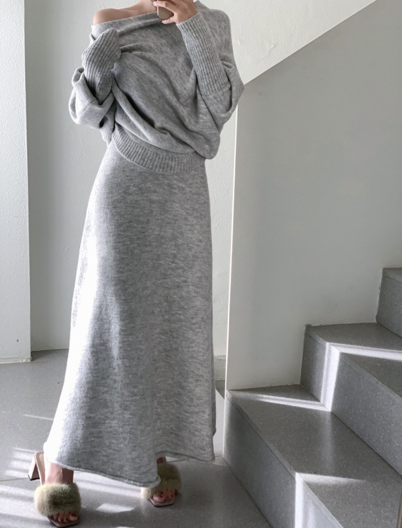Knitted Casual tops flat shoulder loose skirt 2pcs set