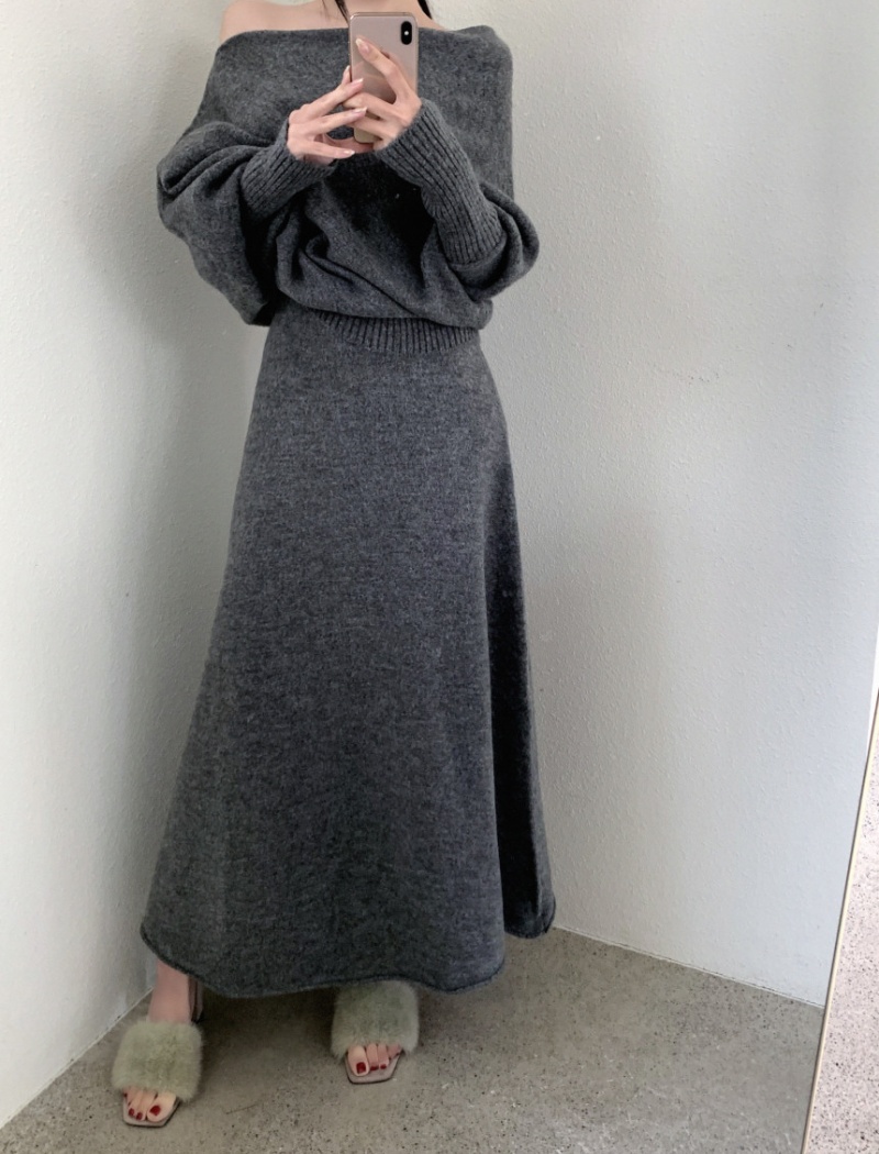 Knitted Casual tops flat shoulder loose skirt 2pcs set