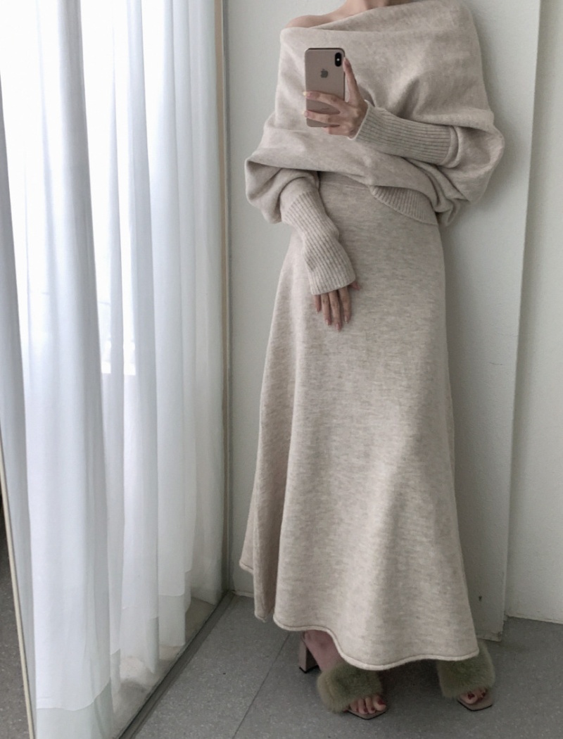 Knitted Casual tops flat shoulder loose skirt 2pcs set