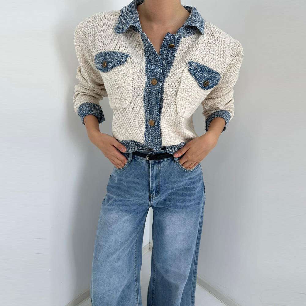 Korean style show young knitted splice cardigan