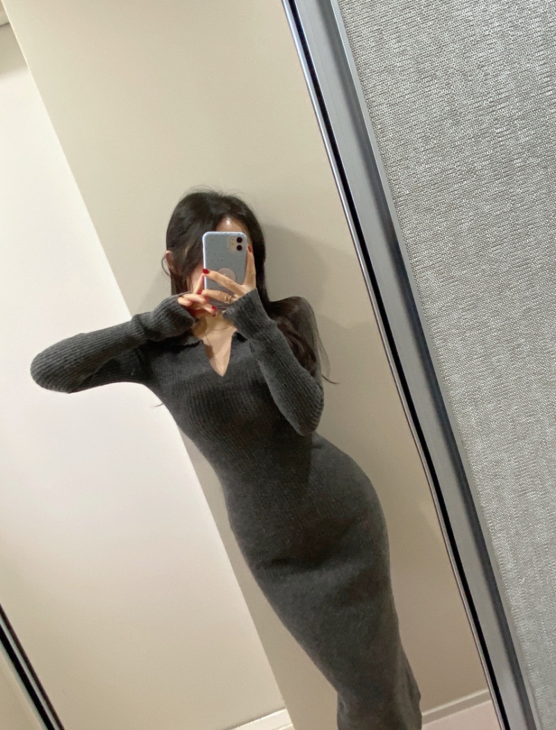 Split Korean style fashion knitted long sleeve dress