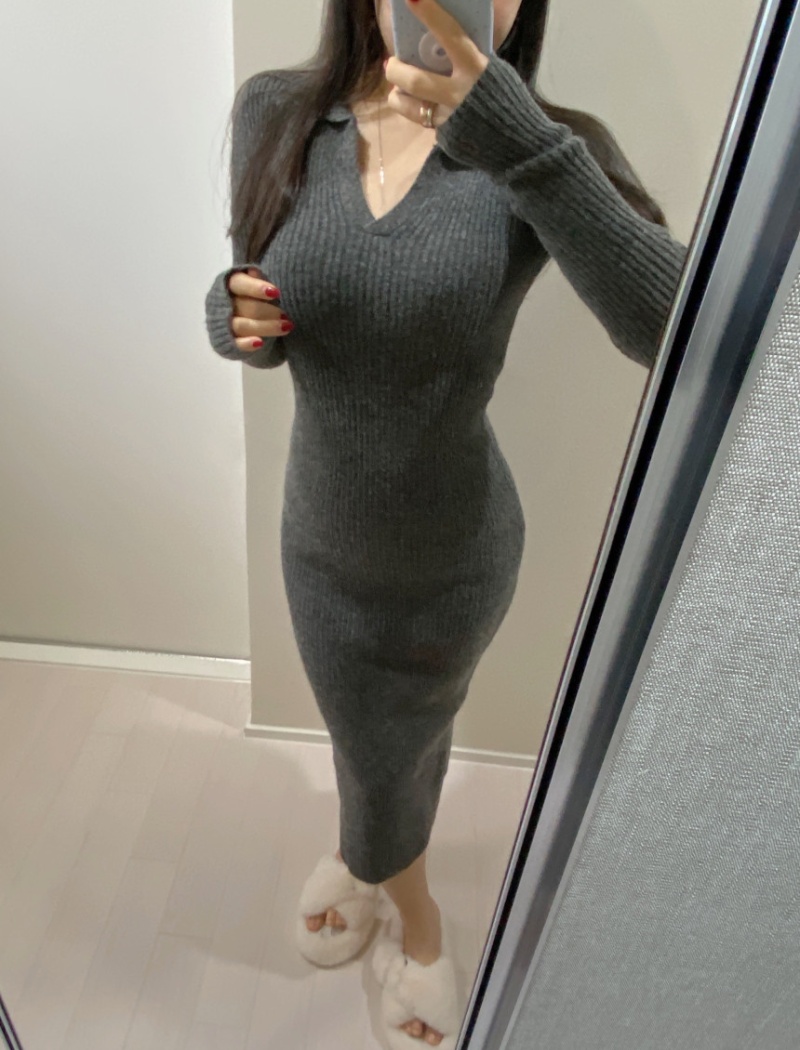 Split Korean style fashion knitted long sleeve dress