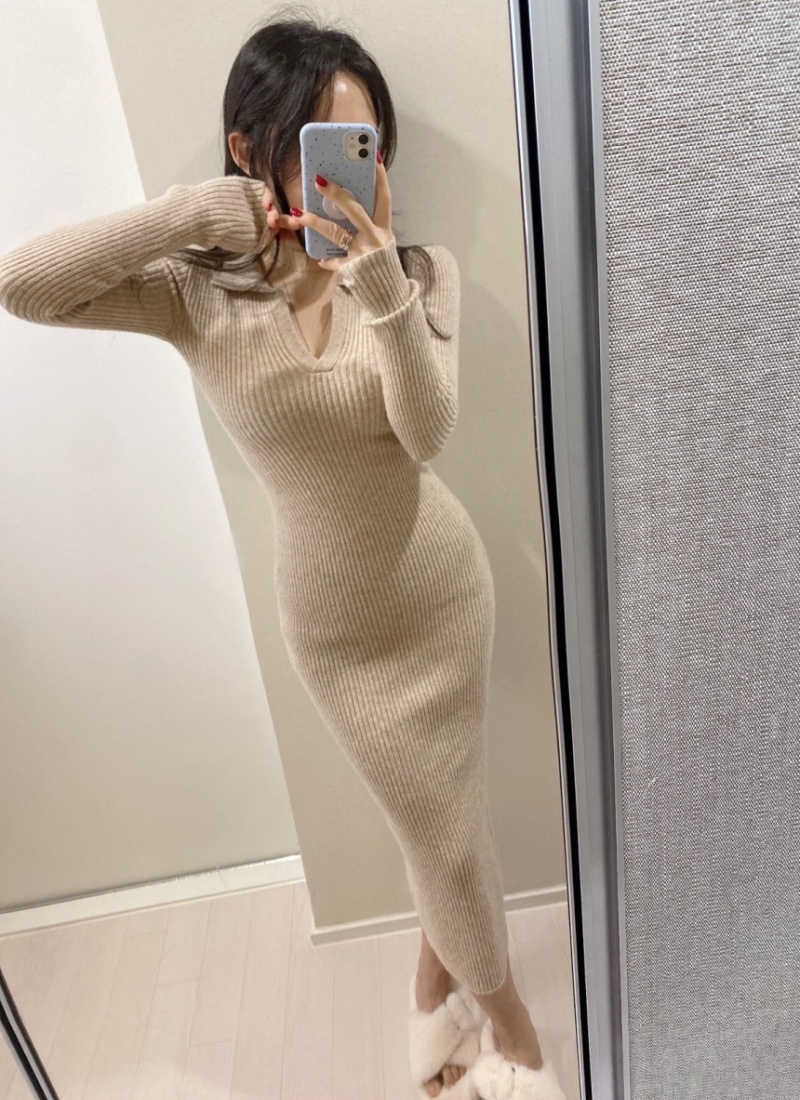 Split Korean style fashion knitted long sleeve dress
