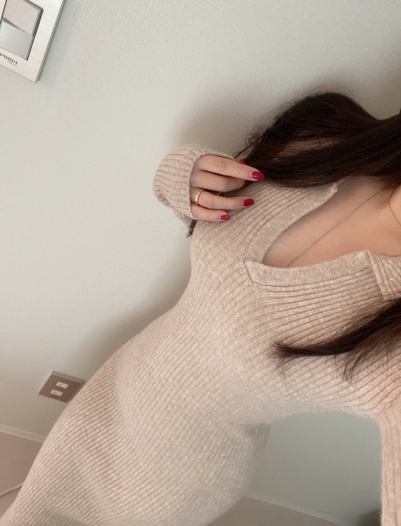 Split Korean style fashion knitted long sleeve dress