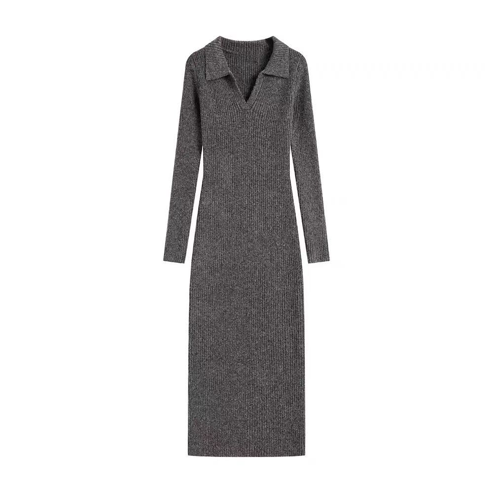 Split Korean style fashion knitted long sleeve dress