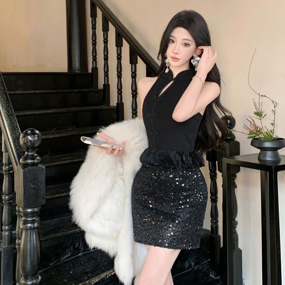Black inside the ride cheongsam Chinese style tops