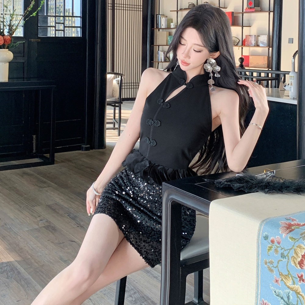 Black inside the ride cheongsam Chinese style tops