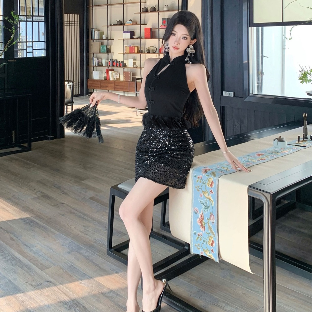 Black inside the ride cheongsam Chinese style tops