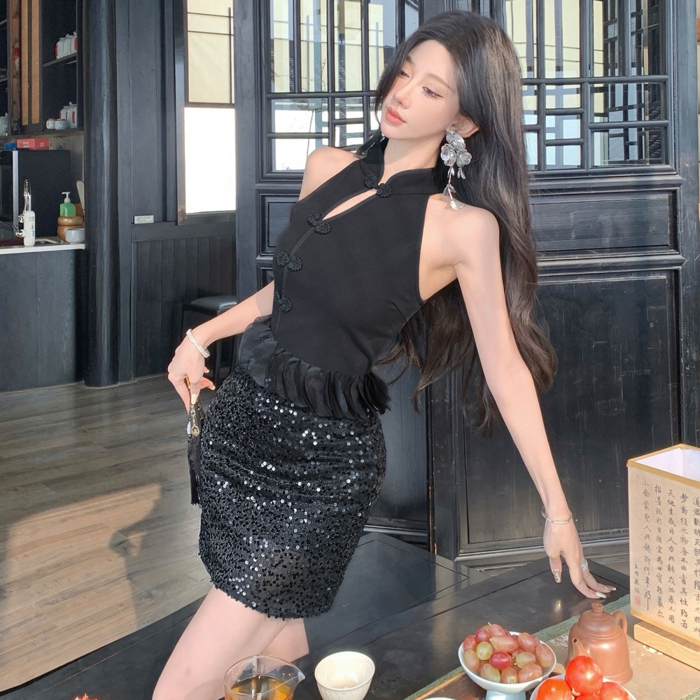 Black inside the ride cheongsam Chinese style tops