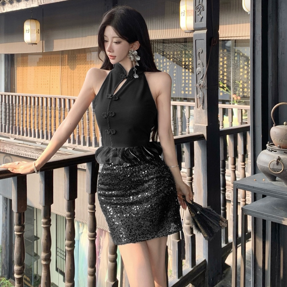 Black inside the ride cheongsam Chinese style tops