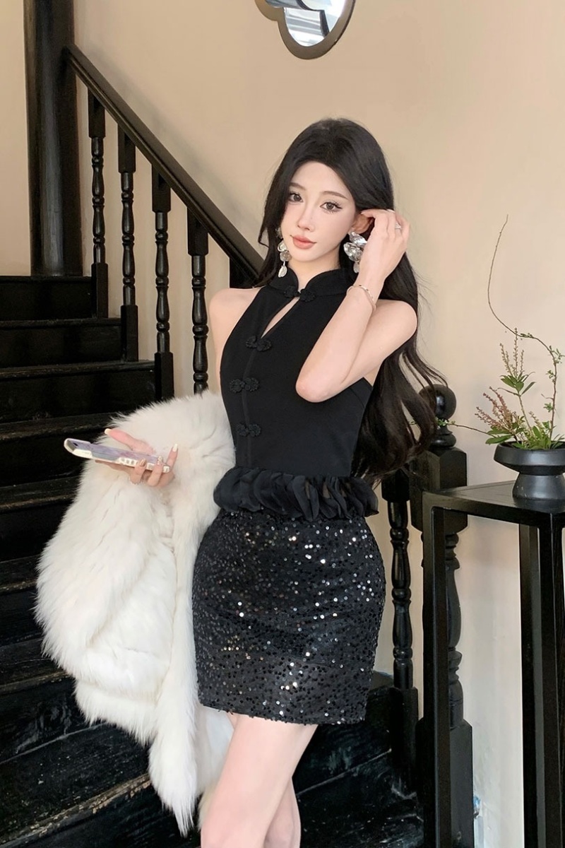 Black inside the ride cheongsam Chinese style tops