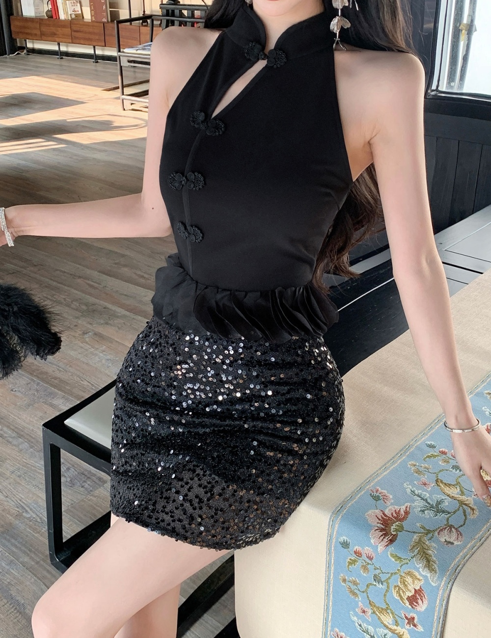 Black inside the ride cheongsam Chinese style tops