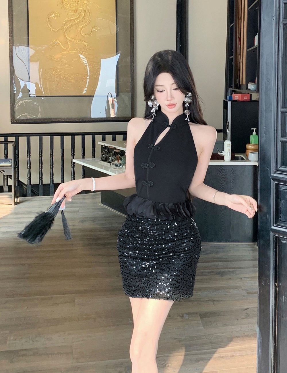 Black inside the ride cheongsam Chinese style tops