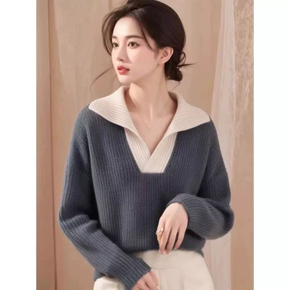 Slim mixed colors sweater wool lapel shirts for women