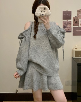 Knitted lazy sweater strapless short skirt 2pcs set