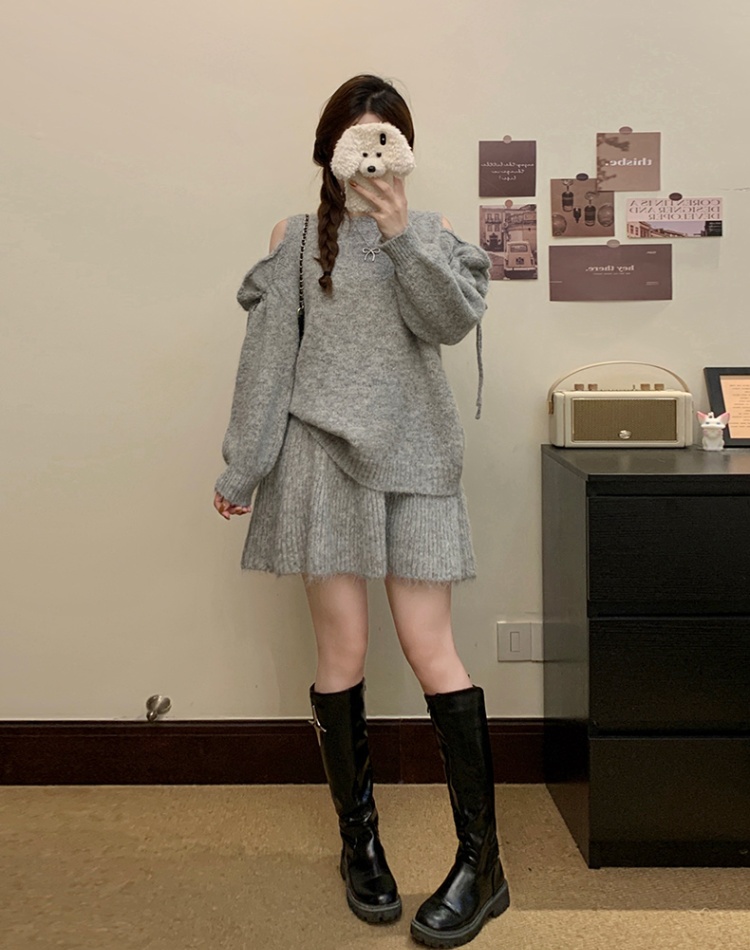 Knitted lazy sweater strapless short skirt 2pcs set
